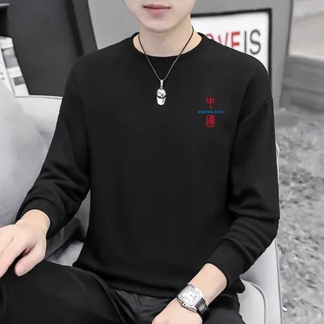 男士卫衣2023新款秋季上衣中国潮流印花加绒套头无帽黑色长袖t恤商品大图