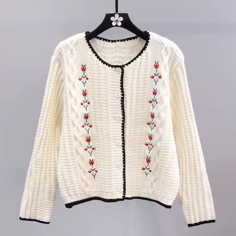 刺绣花朵麻花毛衣外套女秋冬2023新款日系宽松甜美减龄针织开衫图片