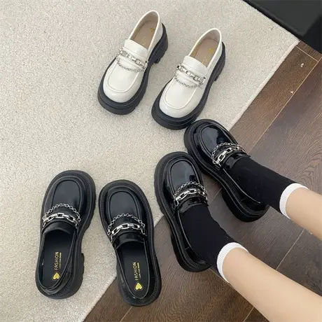 厚底乐福鞋女2024春秋季新款懒人一脚蹬粗跟单鞋英伦风高跟小皮鞋商品大图