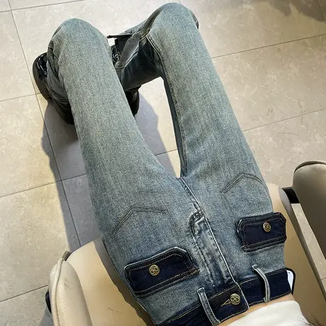 蓝色开叉牛仔裤女秋冬2023年新款爆款高腰显瘦小个子拖地微喇叭裤商品大图