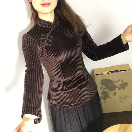 冬秋新款民国风复古丝绒盘扣改良旗袍上衣中式修身显瘦唐装女图片