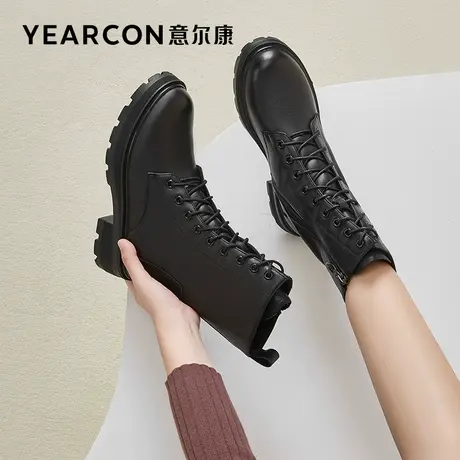 意尔康女鞋2023新款秋冬真皮马丁靴女厚底短靴英伦风靴子加绒保暖商品大图