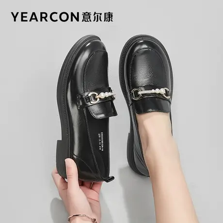 意尔康女鞋时尚厚底乐福鞋女2023年春季新款黑色英伦风粗跟小皮鞋商品大图
