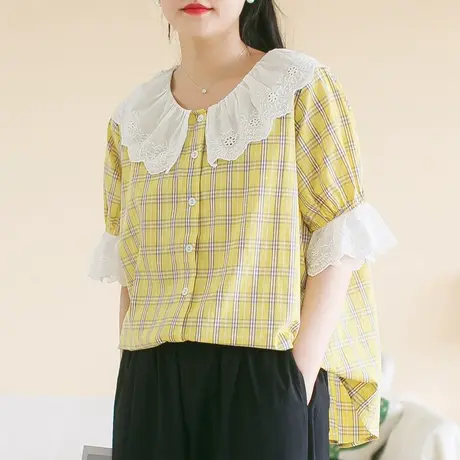 胖妹妹夏季2023新品撞色娃娃领格子衬衫加大码棉质花瓣袖宽松上衣商品大图