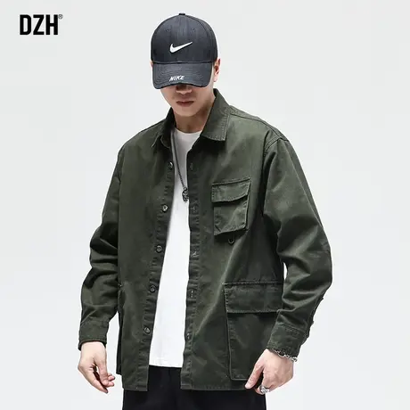 男士军绿色牛仔夹克外套男春秋季潮工装男装2023新款纯棉上衣宽松商品大图