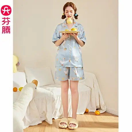 芬腾睡衣女士夏季冰雪丝薄款短袖开衫套装卡通可爱休闲宽松家居服商品大图