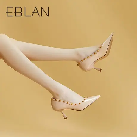 伊伴女鞋春季气质尖头鞋通勤百搭小香风单鞋铆钉时尚细高跟鞋图片