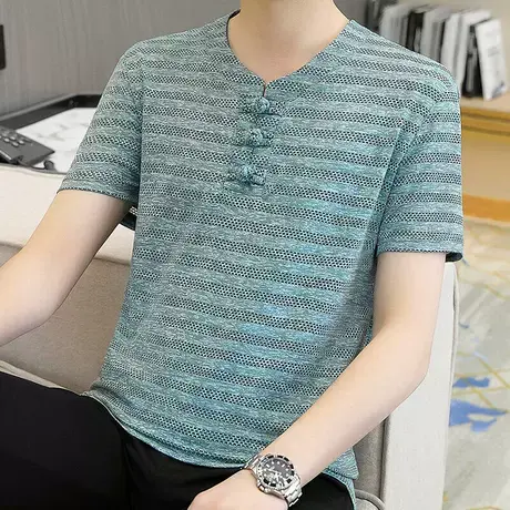 男士短袖T恤V领2025新款夏季青年冰丝半袖体恤韩版潮流男装上衣服商品大图