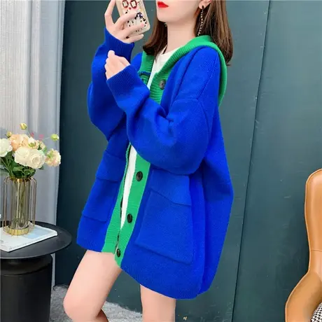 设计感连帽毛衣开衫女2022年新款春秋宽松慵懒风加厚针织外套上衣商品大图