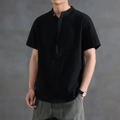 夏季透气竹节棉亨利衫美式复古黑色男士短袖t恤男宽松大码休闲短t商品大图