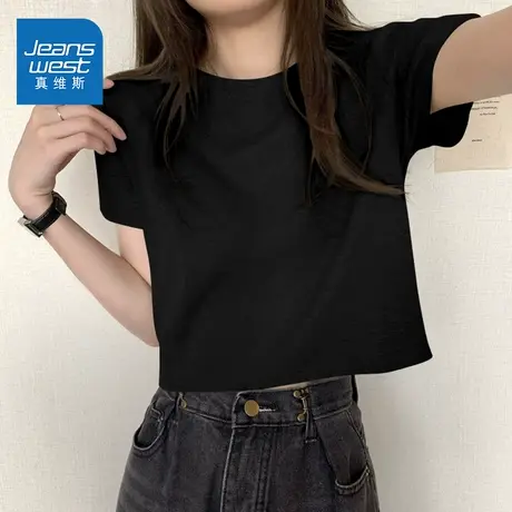 NOE真维斯黑色纯棉短袖女t恤2025新款爆款夏季宽松小个子短款上衣商品大图