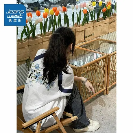 G2真维斯女装2025夏季新款 重磅圆领宽松插肩撞色短袖纯棉T恤商品大图
