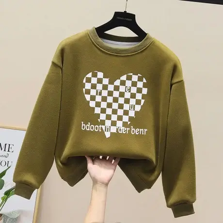 秋冬新款加绒加厚棋盘格子圆领卫衣女无帽宽松韩版百搭慵懒风上衣商品大图