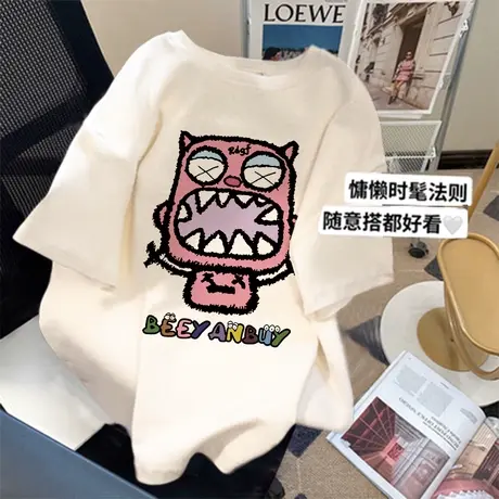 甜酷风上衣大码oversize纯棉t恤女新款国潮卡通ins闺蜜装白色短袖商品大图