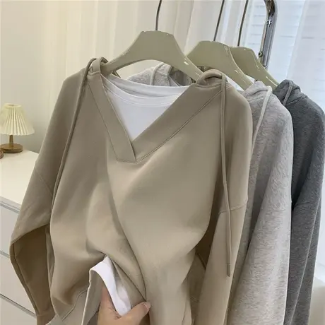 假两件抽绳v领连帽卫衣女宽松韩版休闲外套2023秋冬季套头上衣ins商品大图