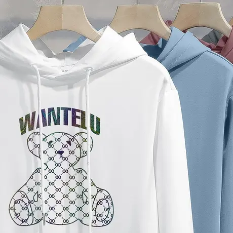 2023新款秋冬小熊卫衣男连帽加绒宽松潮流休闲带帽衫白色长袖外套商品大图