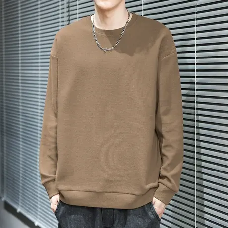 重磅华夫格卫衣男秋冬款加绒加厚圆领套头无帽上衣服纯色长袖t恤商品大图