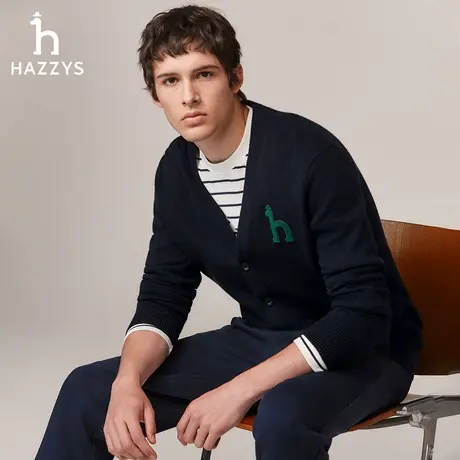【100%绵羊毛】Hazzys哈吉斯秋季男装V领针织衫外套男士开衫毛衣图片