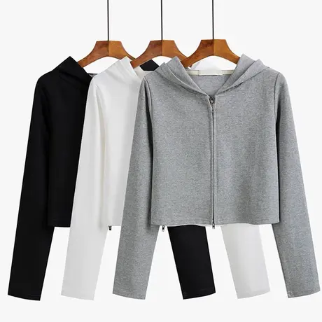 短款卫衣女2022年新款早春秋薄款韩版连帽开衫双拉链高腰上衣外套商品大图