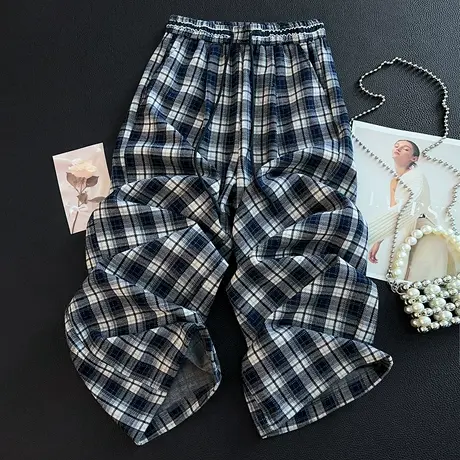 拉夏贝尔蓝色格子阔腿裤女秋2025超火的裤子格纹休闲拖地裤直筒裤商品大图