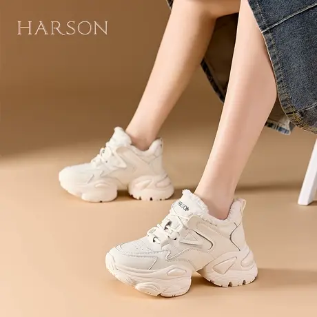 哈森厚底老爹鞋女鞋2025秋冬新款百搭加绒保暖棉鞋低帮运动休闲鞋图片