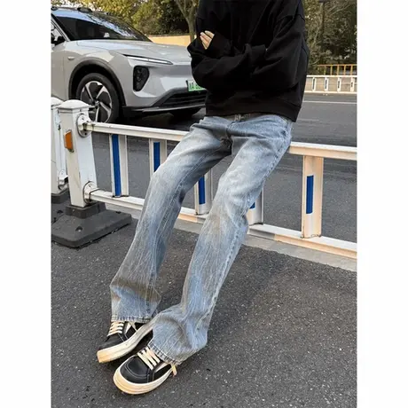 美式高街vibe复古水洗闪电纹蓝色微喇牛仔裤男秋季修身直筒裤子商品大图