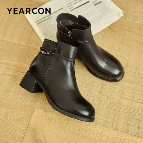 意尔康羊皮短靴女冬季加绒保暖复古气质时装靴显瘦宽脚大码靴子图片