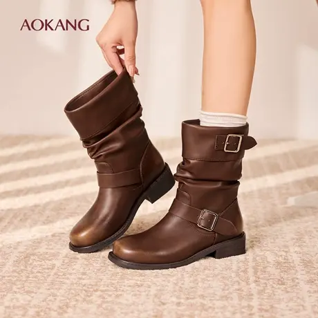 奥康 女鞋2025冬季骑士靴复古皮带扣个性褶皱圆头潮流时装靴短靴图片
