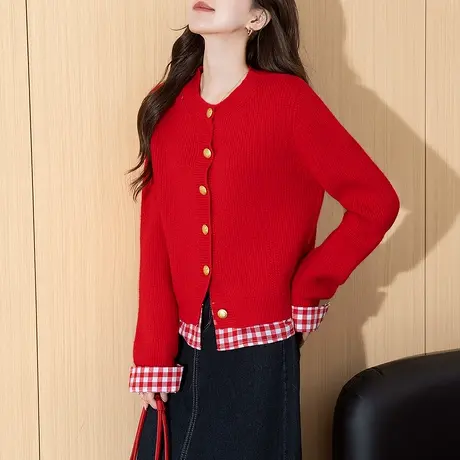 唐狮秋冬毛衣外套女复古格纹拼接假两件圆领开衫春秋高级感潮tu商品大图