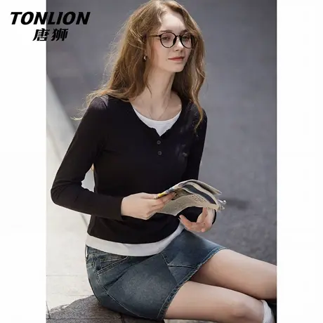 唐狮官方假两件长袖t恤女2026新款春季美式纯欲打底衫内搭上衣VC图片