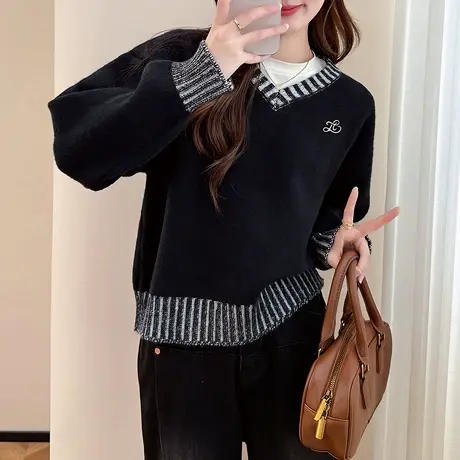 唐狮秋冬毛衣女简约风设计感撞边V领套头春秋可外穿减龄女装tu图片