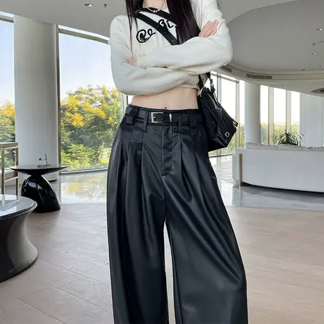 个性pu皮裤子阔腿裤女秋冬2023新款韩版直筒宽松黑色显瘦休闲长裤商品大图