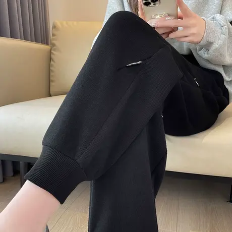 黑色束脚运动裤女九分高腰休闲卫裤2023年新款秋冬加绒加厚灯笼裤图片