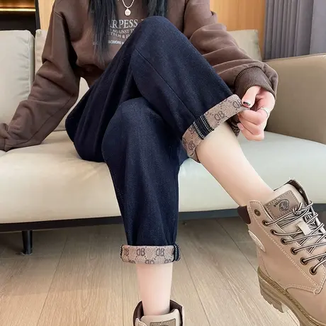 卷边高腰牛仔裤女秋冬季抓绒显瘦宽松直筒加绒加厚哈伦萝卜老爹裤商品大图
