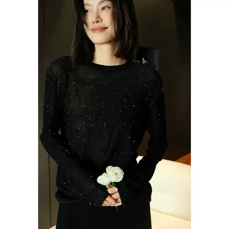 23秋冬新款女装优雅轻奢亮片满天星纯羊绒女士针织衫打底衫上衣商品大图