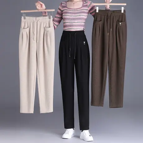 毛呢萝卜裤女秋冬2023新款休闲中年女裤松紧高腰宽松小脚哈伦裤子图片