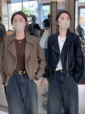 复古港风PU皮夹克外套休闲时尚短款2023秋季翻领机车夹克皮衣潮款商品大图