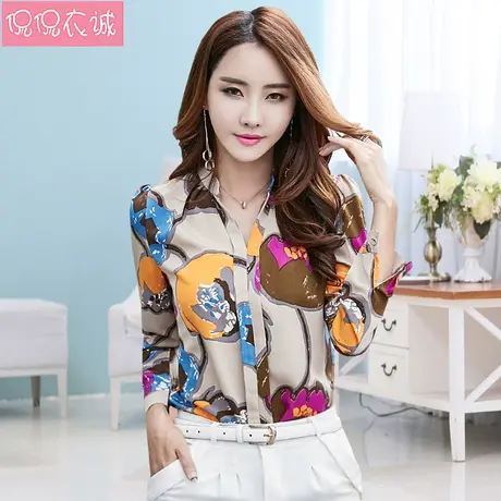 2023秋装新款韩版印花衬衫女长袖雪纺衫花色V领衬衣上衣女衬衣潮图片