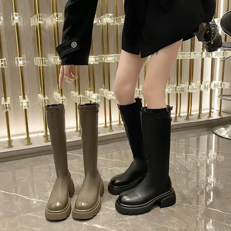 长筒靴女2023春秋季新款复古百搭英伦风瘦瘦靴粗跟厚底增高骑士靴商品大图