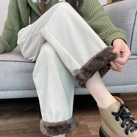 加绒哈伦裤女冬季2023新款宽松高腰直筒挽边羊羔绒加厚加绒直筒裤商品大图