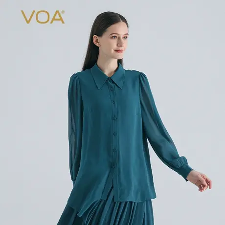 VOA桑蚕丝乔其纱青蓝POLO领长袖单排扣直筒百搭通勤基础真丝衬衫商品大图