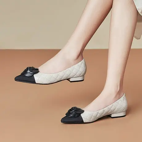 小香风羊皮拼色气质女鞋春秋新款法式尖头茶花低跟单鞋通勤工作鞋图片