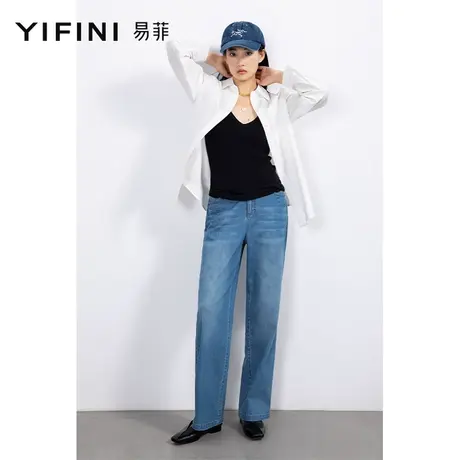 Yifini/易菲蓝色直筒牛仔裤女夏装新款宽松垂感休闲裤商品大图