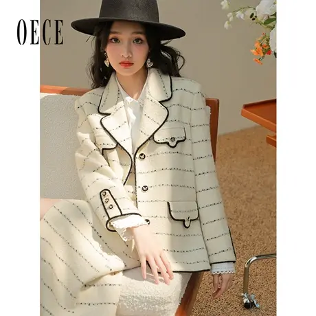 Oece高级感小香风套装冬季新款女装毛呢西装外套大衣半身裙商品大图