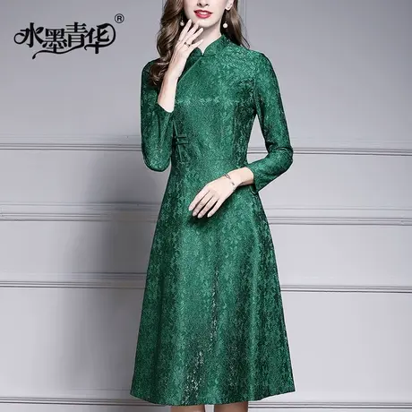 【1件7.9折】冬季新品复古立领显瘦蕾丝裙气质优雅修身A字连衣裙商品大图