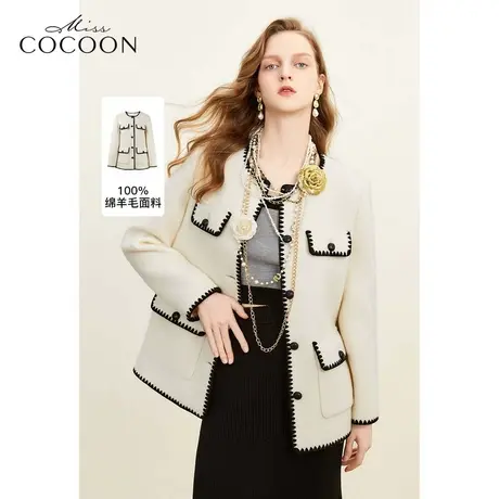 MISSCOCOON静奢风2023冬装新款女小香风英伦复古羊毛短款外套皮草商品大图