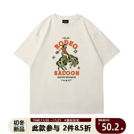 短袖男上衣vintage复古西部牛仔女郎重磅t恤潮ins美式无性别体恤商品大图