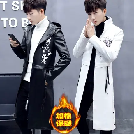 秋冬季男士帅气过膝加厚保暖PU皮大衣潮流加长款个性加绒风衣外套商品大图