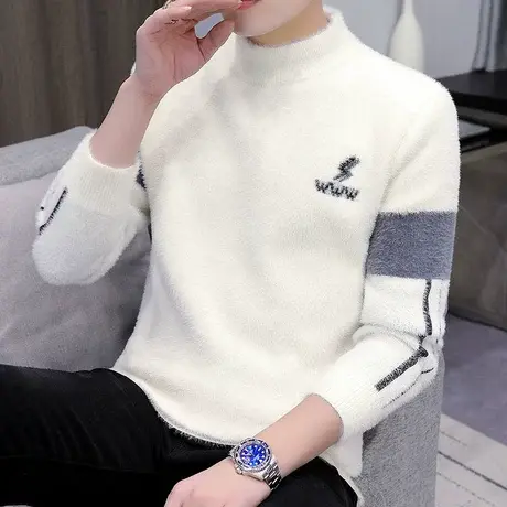 半高领水貂绒毛衣男士秋冬季加绒加厚针织打底衫潮流线衣保暖秋装商品大图