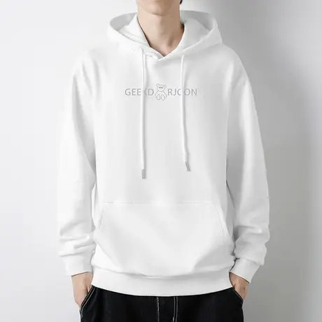 小熊连帽卫衣男2024新款宽松潮流秋冬加绒加厚长袖带帽衫白色外套商品大图